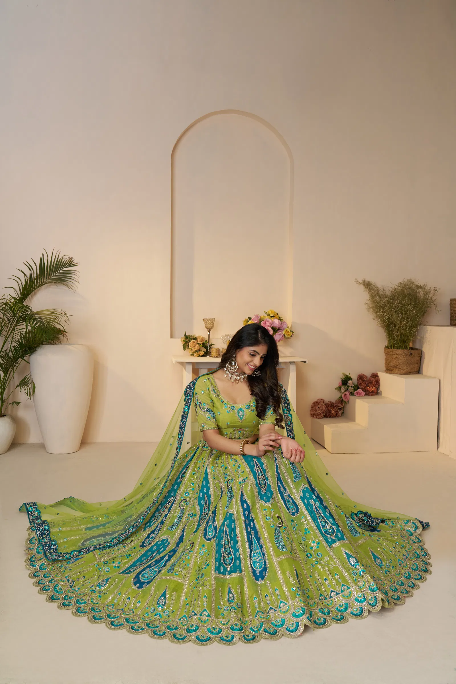Kf 484 Green Banarasi Silk Embroidered Lehenga Choli Wholesale Online